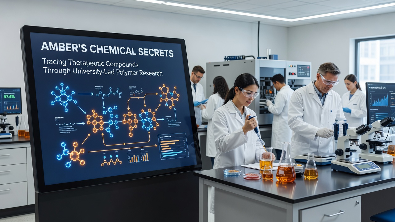 Close-up view of polymer extraction equipment processing amber resin samples in a controlled laboratory setting